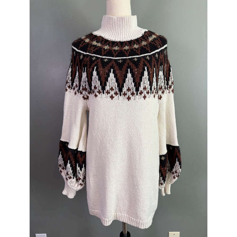 Free People Scotland Fair Isle Sweater Dress XS Boho Mock Neck Wool Mohair Ski - Picture 2 of 8